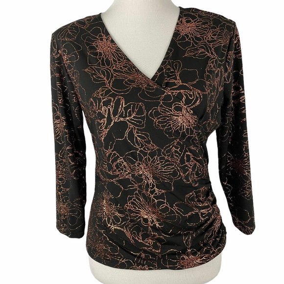 MSK Black Rose Gold Glitter Floral Wrap Top L - Picture 5 of 13